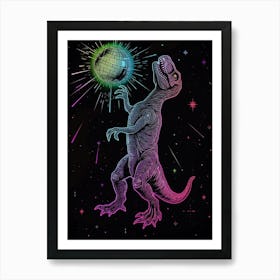 Neon Dinosaur & Disco Ball 1 Art Print