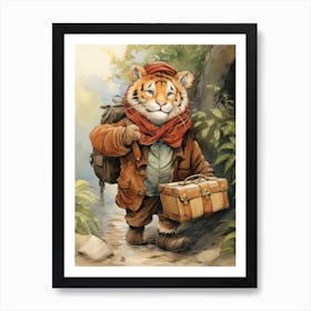 Tiger Illustration Traveling Watercolour 4 Art Print