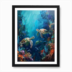 Sea Turtles With A Coral Reef Expressionism Style Painting 4 Art Print