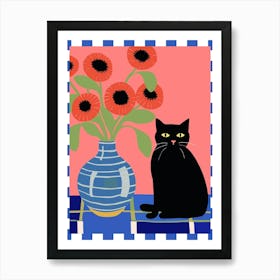 Black Cat With A Vase With Poppies Illustration Art Print