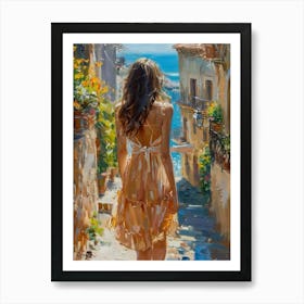 PERFECT - Beautiful Woman on a Summer's Day in Algrave Riviera St Tropez Mediterranean - Abstract Impressionism Acrylic and Oil on Canvas by Britisg Artist John Arwen Beautiful Colorful Floral Botanic Gallery Feature Wall Art in HD Art Print