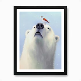 Polar Bear and bird Watercolor Painting Art Print