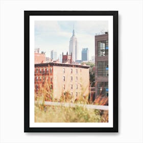 New York, USA I High Line view of the NY city with the New York skyline in autumn retro vintage aesthetic photography and pampa in front of New Yorker brick architecture lofts with boho wild and savage nature Art Print