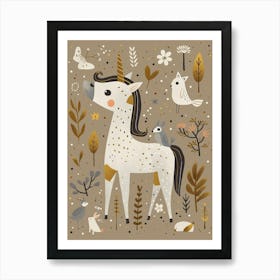 Unicorn In The Meadow With Abstract Woodland Animals 2 Art Print