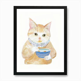 White And Tan Cat Having Breakfast Folk Illustration 2 Art Print