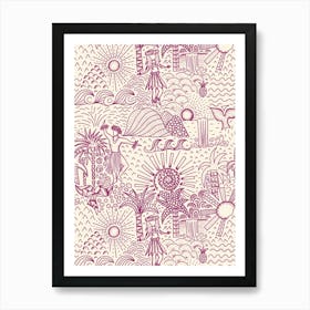 Hawaiian Toile Polynesian Hula Dance Tropical Landscape Mulberry Pink Cream White Art Print