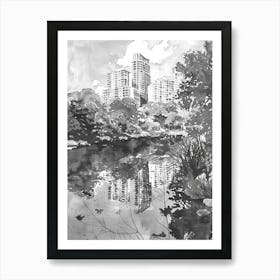 Laguna Gloria Austin Texas Black And White Watercolour 2 Art Print