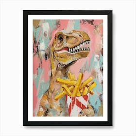 Pastel Pink & Blue Dinosaur Eating Fries Art Print