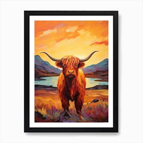 Sunset Brushstroke Impressionsim Style Painting Of A Highland Cow 1 Art Print