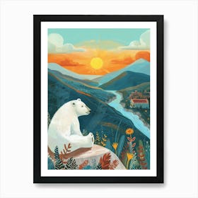 Polar Bear Looking At A Sunset From A Mountaintop Storybook Illustration 3 Art Print