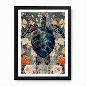 Textured Floral Sea Turtle Blue & Sepia 3 Art Print