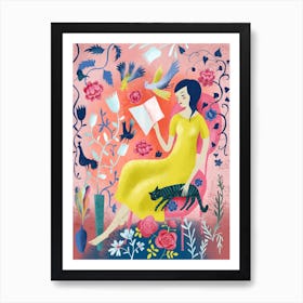 Woman Reading With Cat Art Print