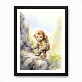 Monkey Painting Hiking Watercolour 1 Art Print
