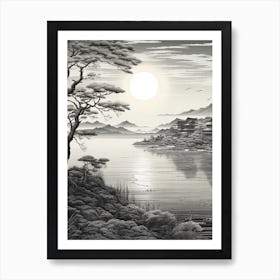 Lake Biwa In Shiga, Ukiyo E Black And White Line Art Drawing 1 Art Print