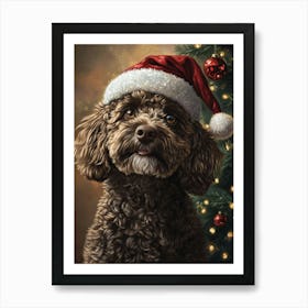 Black Cockapoo In Christmas Santa Hat Art Print