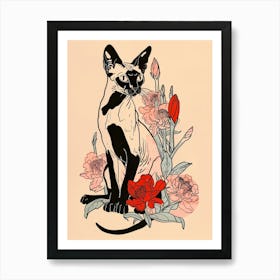 Cute Siamese Cat With Flowers Illustration 2 Art Print