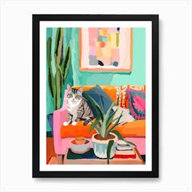 Tabby Cat On A Sofa In Boho Living Room Painting Animal Lovers Art Print