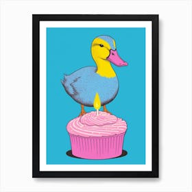 Birthday Duckling Blue Modern Illustration 3 Art Print