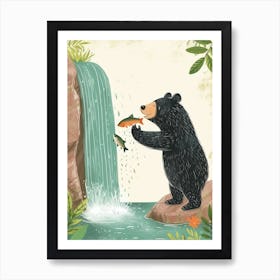 American Black Bear Catching Fish In A Waterfall Storybook Illustration 1 Art Print