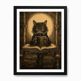 A Cat Reading A Book In An Ancient Library Sepia Etching Art Print