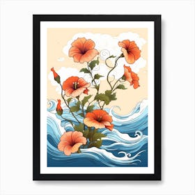 Great Wave With Morning Glory Flower Drawing In The Style Of Ukiyo E 4 Art Print
