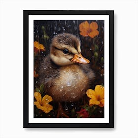 Duckling In The Rain Floral Painting 1 Art Print