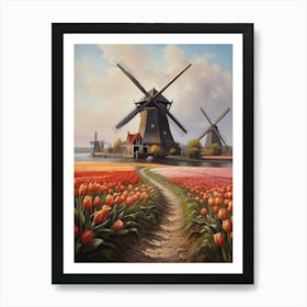 Vintage Windmills And Tulips Flower Painting Póster