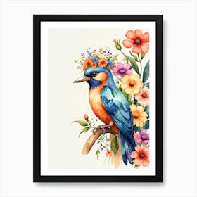 Watercolor Bird With Flowers Art Print