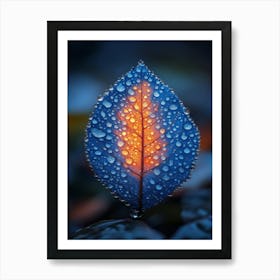 Blue Leaf With Water Droplets 4 Art Print