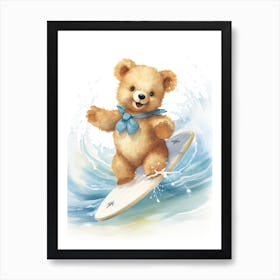 Surfing Teddy Bear Painting Watercolour 4 Art Print