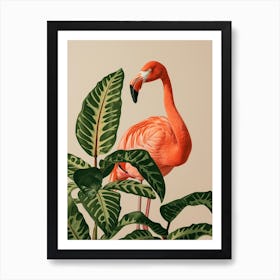 American Flamingo And Croton Plants Minimalist Illustration 2 Art Print