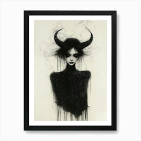 Woman With Horns Gothic Pencil Ink Dark Art Print