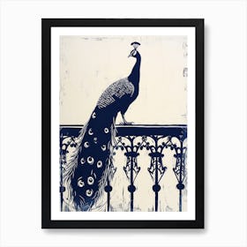 Peacock On Fancy Railing Linocut Inspired 1 Art Print