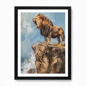 Barbary Lion Roaring On A Cliff Acrylic Painting 3 Art Print