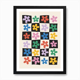 Colourful Flowers in Checkerboard Art Print