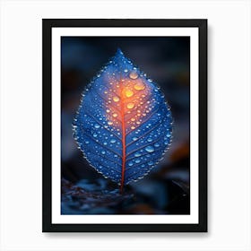 Blue Leaf With Water Droplets 11 Art Print