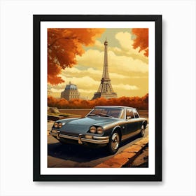 Vintage Paris Car under Eiffel Tower Art Print