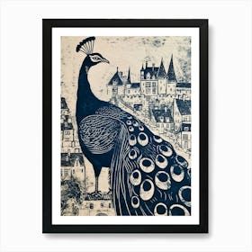 Peacock Blue Linocut Inspired With A Castle In The Background 2 Art Print