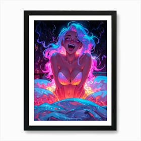 In her bed, she's a sexy vision of anime joy and lust — a female neon girl fantasy brought to life in the colorful world of waifu manga. Art Print