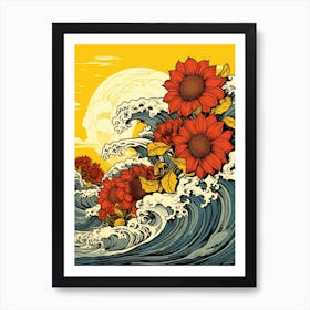 Great Wave With Sunflower Flower Drawing In The Style Of Ukiyo E 4 Art Print