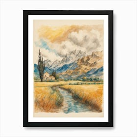 Landscape With Stream And Mountains Art Print