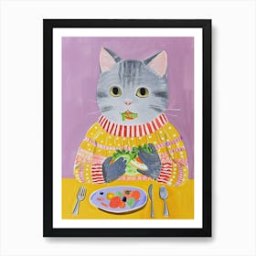 Blue Cat Eating Salad Folk Illustration 1 Art Print