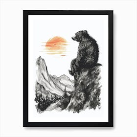 Malayan Sun Bear Looking At A Sunset From A Mountain Ink Illustration 3 Art Print