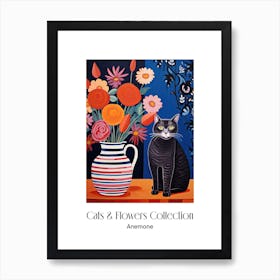 Cats & Flowers Collection Anemone Flower Vase And A Cat, A Painting In The Style Of Matisse 2 Art Print