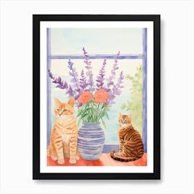 Cat With Lavender Flowers Watercolor Mothers Day Valentines 1 Art Print