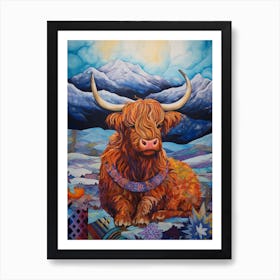 Patchwork Colourful Highland Cow Illustration With The Mountains Art Print