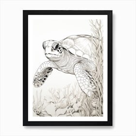 Simple Black & White Line Drawing Of Sea Turtle Behind Seagrass Art Print