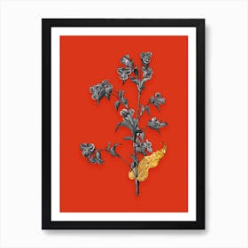 Vintage Commelina Tuberosa Black and White Gold Leaf Floral Art on Tomato Red n.0154 Art Print