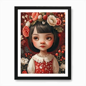Little Girl With strawberries and Flowers Art Print