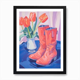 A Painting Of Cowboy Boots With Tulips Flowers, Fauvist Style, Still Life 2 Art Print